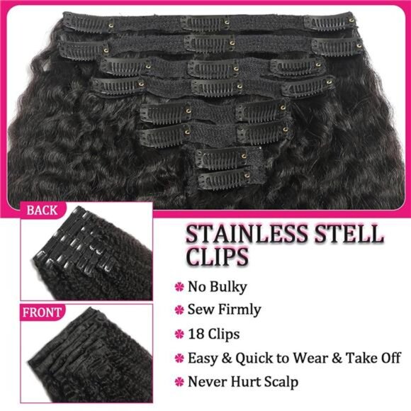 Clip in Hair Extensions Real Human Hair 20 Inch 8Pcs 120g Kinky Straight Clip - Picture 3 of 7